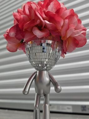 Silver Disco Head Figurine with Pink Floral Top -handmade
